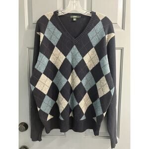 J Crew Mens 100% Lambswool Sweater XL Argyle Pullover Blue Diamond Sweater Vneck